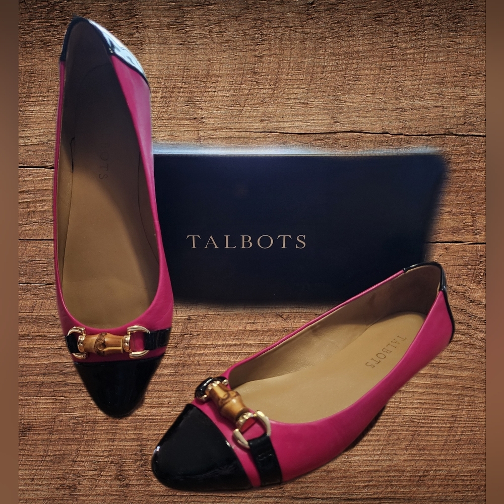 Talbots Bright Pink & Black Patent Toe Cap Ballet Flats,  size 6 1/2